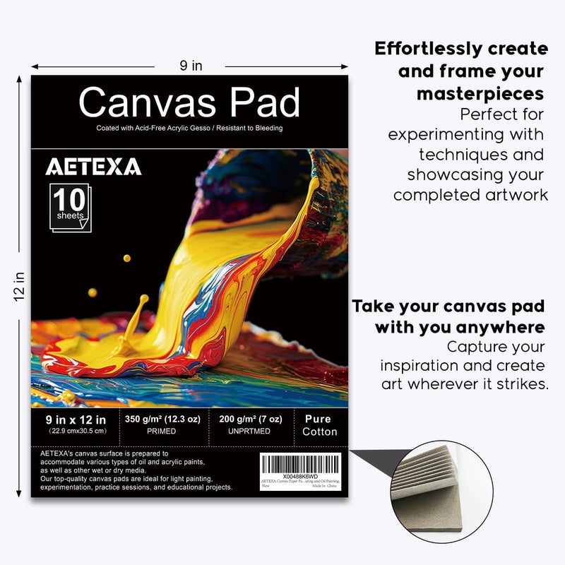 AETEXA Canvas Paper Pad, 9”x12” Canvas Pad, 10 Sheets, 12.3 oz Gesso, Glue Bound, Art Supplies for Adults and Teens, for Acrylic Pouring and Oil Painting. - Image 2